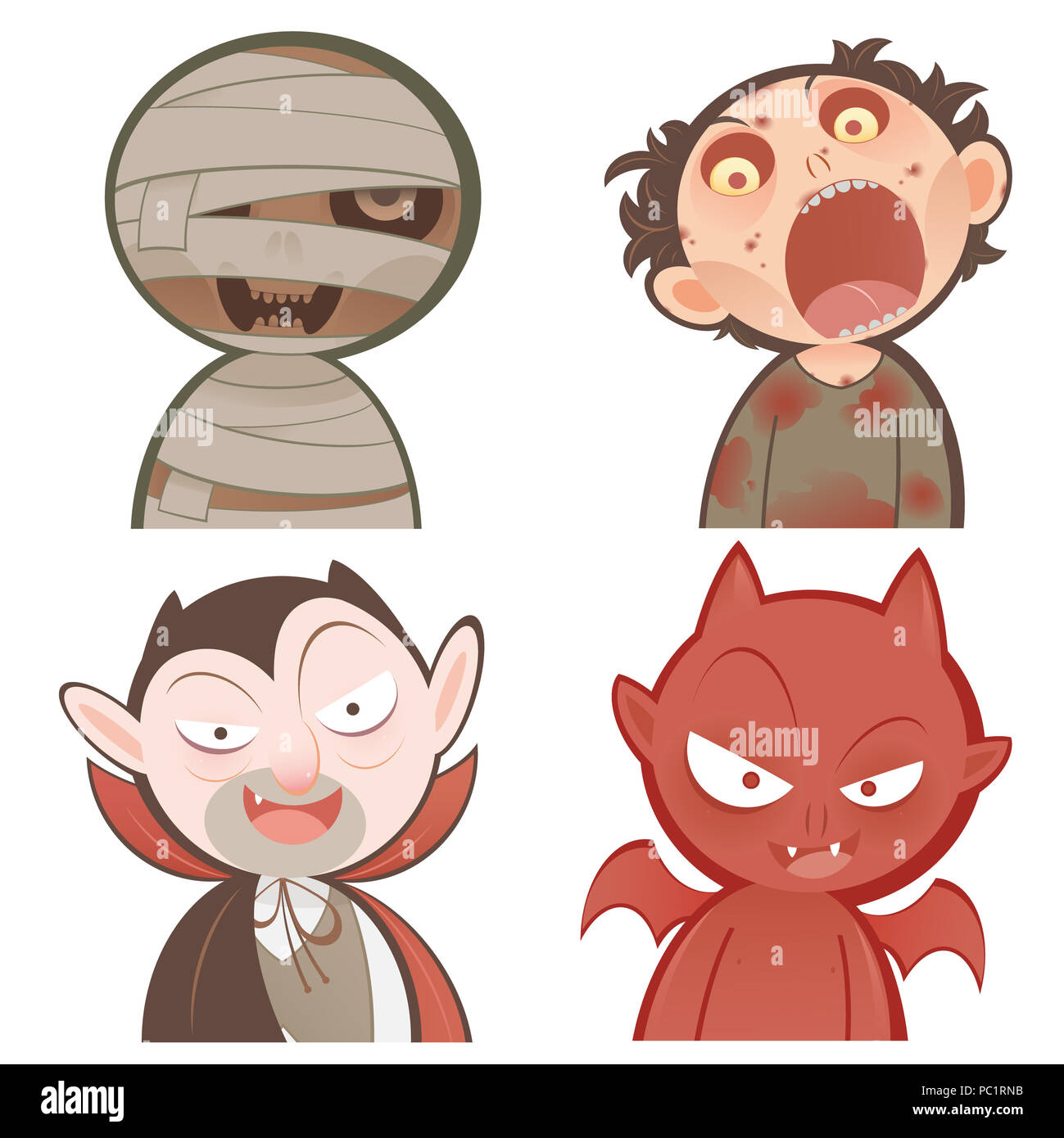 Cartoon carino halloween caratteri icon set. mummia, Zombie, Dracula, Devil. Illustrazione Vettoriale Foto Stock