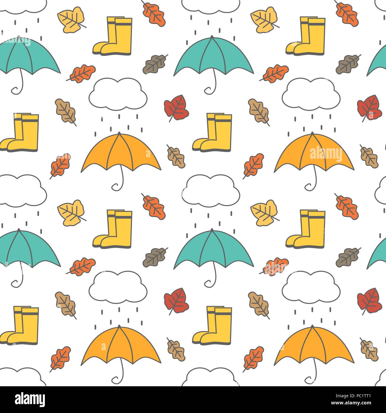 Carino incantevole autunno vettore seamless pattern illustrazione dello sfondo con ombrelloni, pioggia nuvole, foglie e stivali Illustrazione Vettoriale