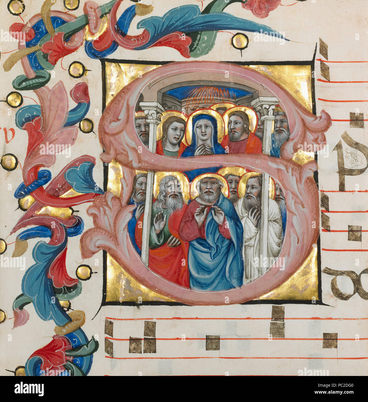 Iniziale S: Pentecoste; Niccolò di Giacomo da Bologna, italiano, attivo 1349 - 1403; Bologna, Italia, Europa; circa 1394 - 1402; tempera e oro su pergamena; foglie: 21,6 x 21 cm (8 1/2 x 8 1/4 in.); 2004.48.recto 442 Niccolò da Bologna - "tempera e oro su pergamena, 1494-1402 Foto Stock