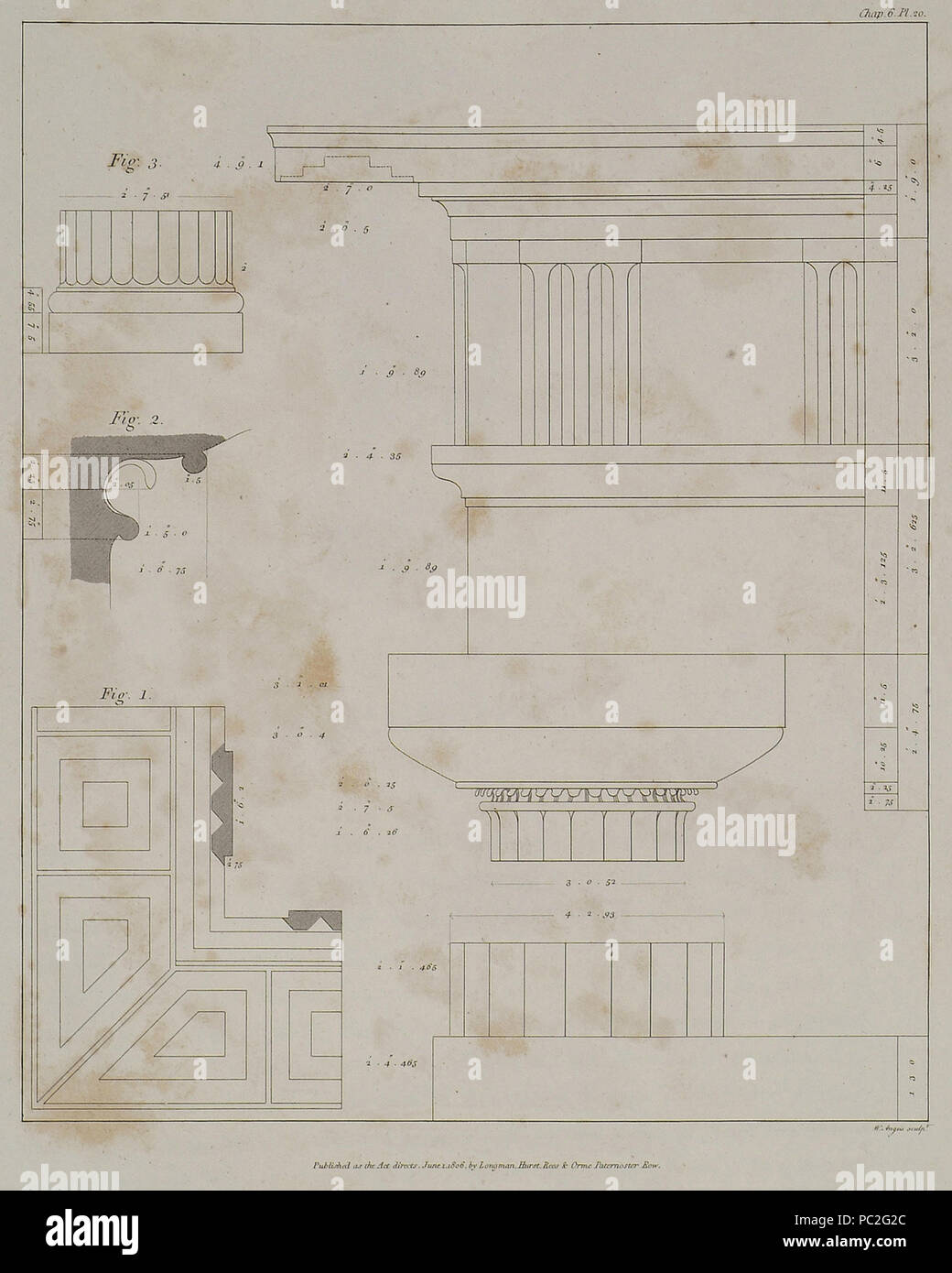 457 Fine a grandi delle colonne fig 1 Le soffite dei principali membri del cornicione Fig 2 Profilo della strizione del t - Wilkins William - 1807 Foto Stock