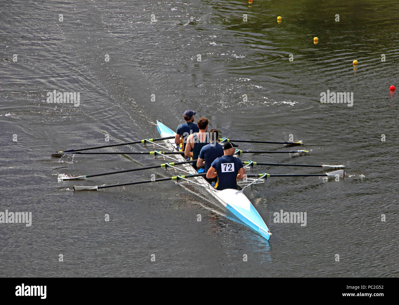 Lancaster Rowing Club team, uomini coxless a Warrington Rowing Club 2018 Estate regata, Howley lane, Mersey River, Cheshire, North West England, Regno Unito Foto Stock
