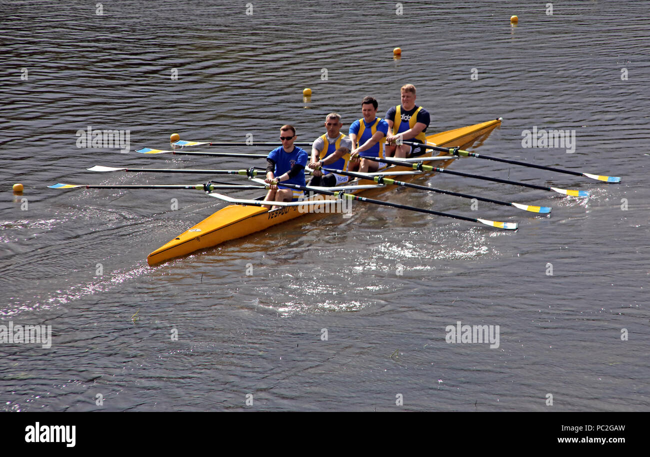 WRC Mens Coxless Quad, a Warrington Rowing Club 2018 Estate regata, Howley lane, Mersey River, Cheshire, North West England, Regno Unito Foto Stock