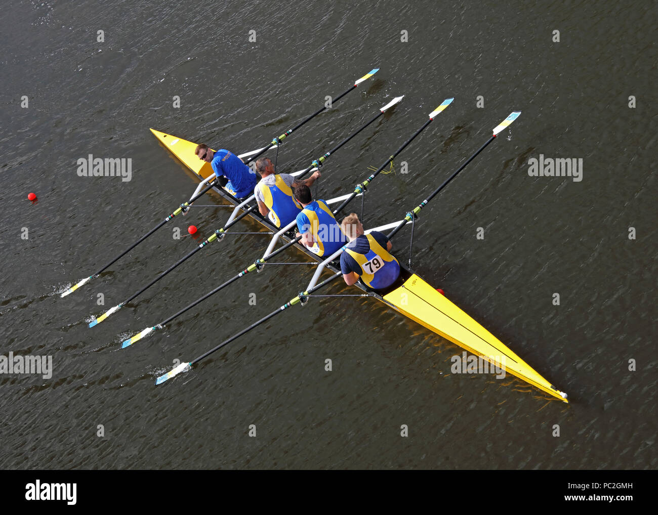 Mens team quad a Warrington Rowing Club 2018 Estate regata, Howley lane, Mersey River, Cheshire, North West England, Regno Unito Foto Stock