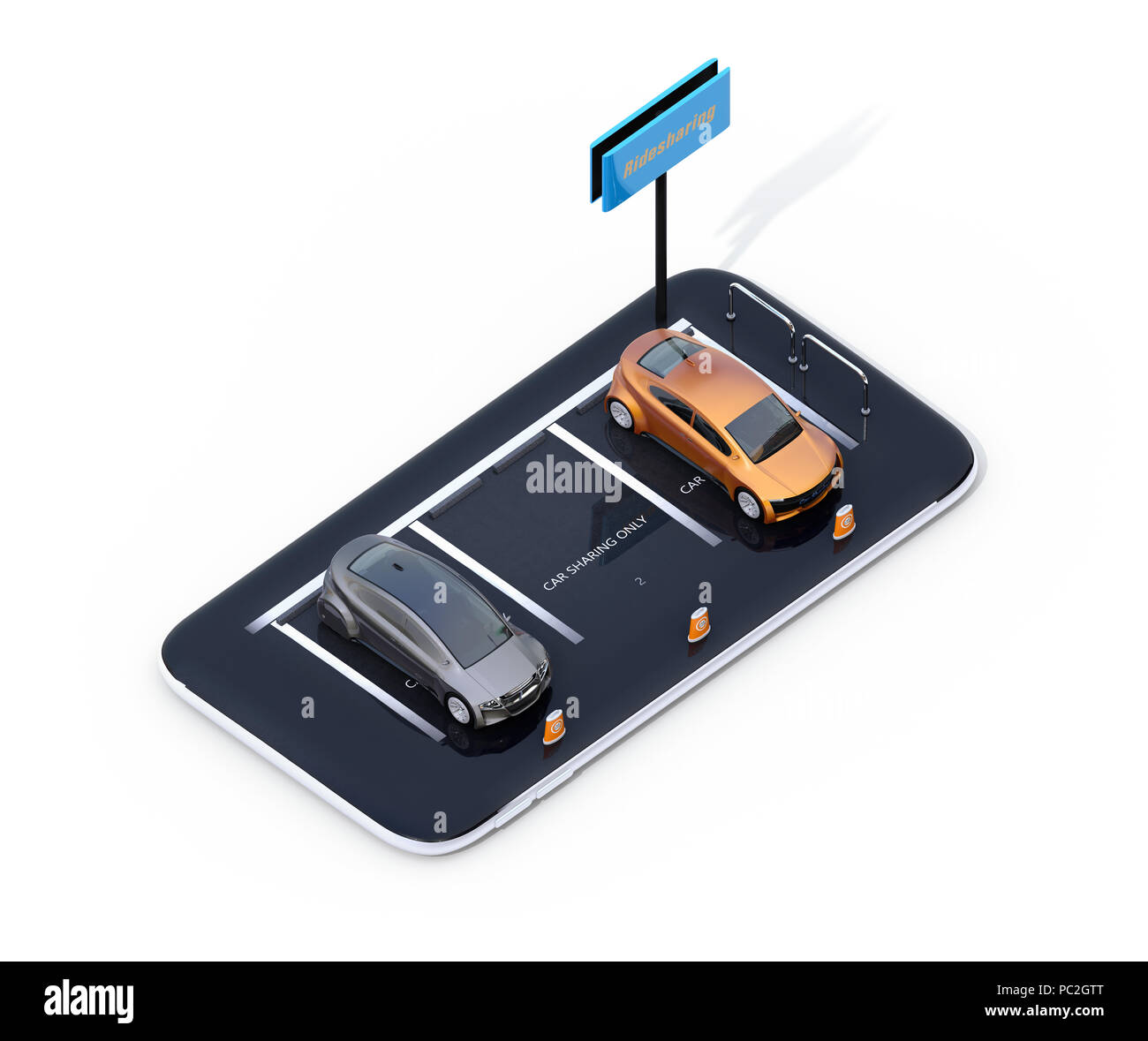 Giallo auto in miniatura sullo smartphone isolati su sfondo bianco. Vista isometrica. Car sharing concept. Il rendering 3D'immagine. Foto Stock