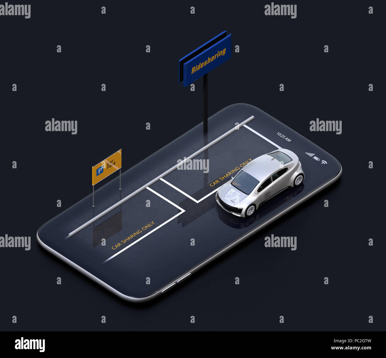 Argento auto in miniatura sullo smartphone. Vista isometrica. Car sharing concept. Il rendering 3D'immagine. Foto Stock