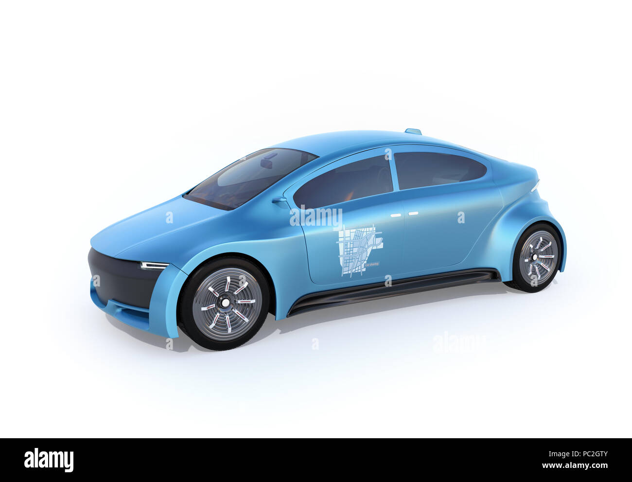 Blu metallizzato auto elettriche isolate su sfondo bianco. Car sharing graphic su porte. Il rendering 3D'immagine. Foto Stock