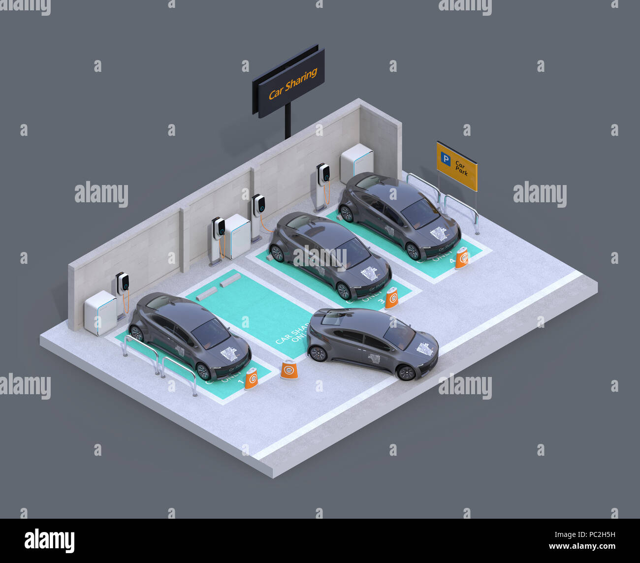 Vista isometrica del parcheggio per auto per la condivisione. Sfondo grigio. Il rendering 3D'immagine. Foto Stock