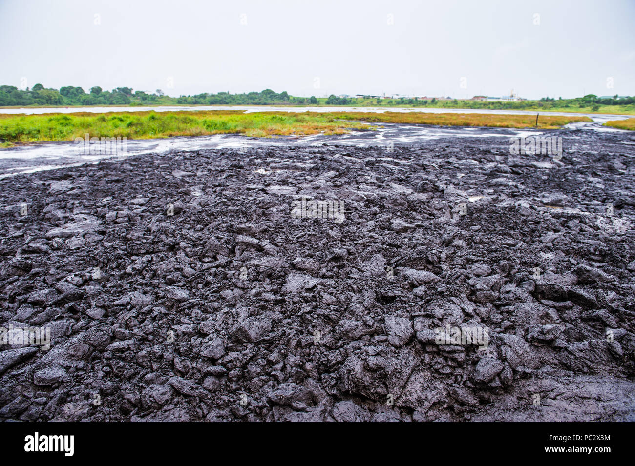 Lago di passo, il più grande deposito naturale di asfalto nel mondo, La Brea, Trinidad e Tobago. È segnalato per essere 75 m di profondità. Foto Stock