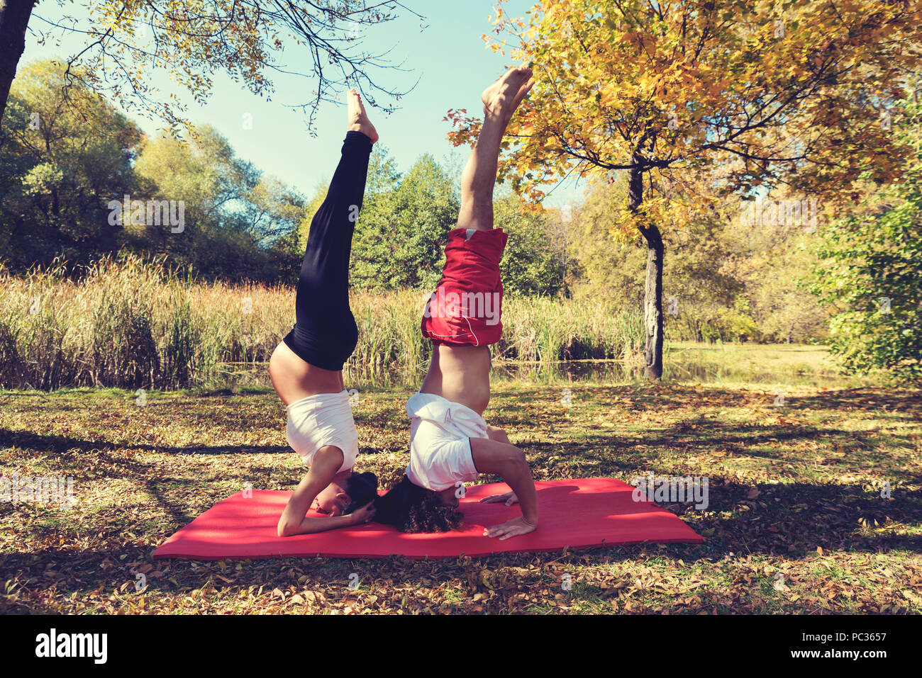 Giovane fare yoga in autunno il parco della città donna incinta capovolto. Messa a fuoco selettiva Foto Stock