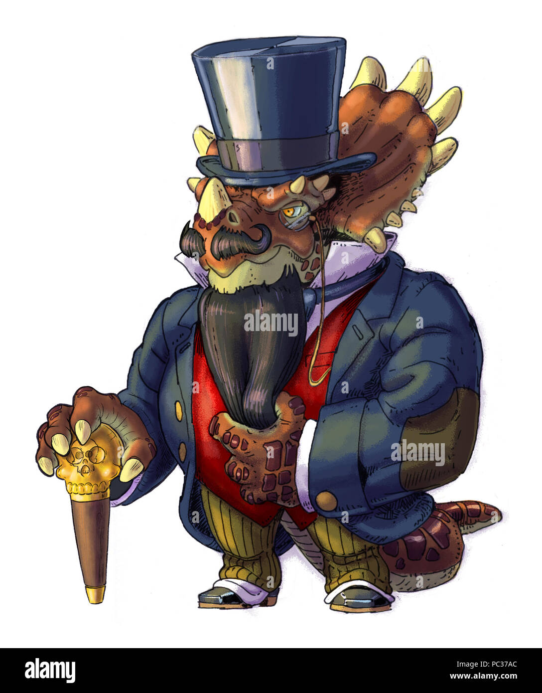 Disegnata a mano cartoon clip art illustrazione antropomorfo steampunk dinosauro Styracosaurus indossando vestiti in stile vittoriano con la barba, top hat e un Foto Stock