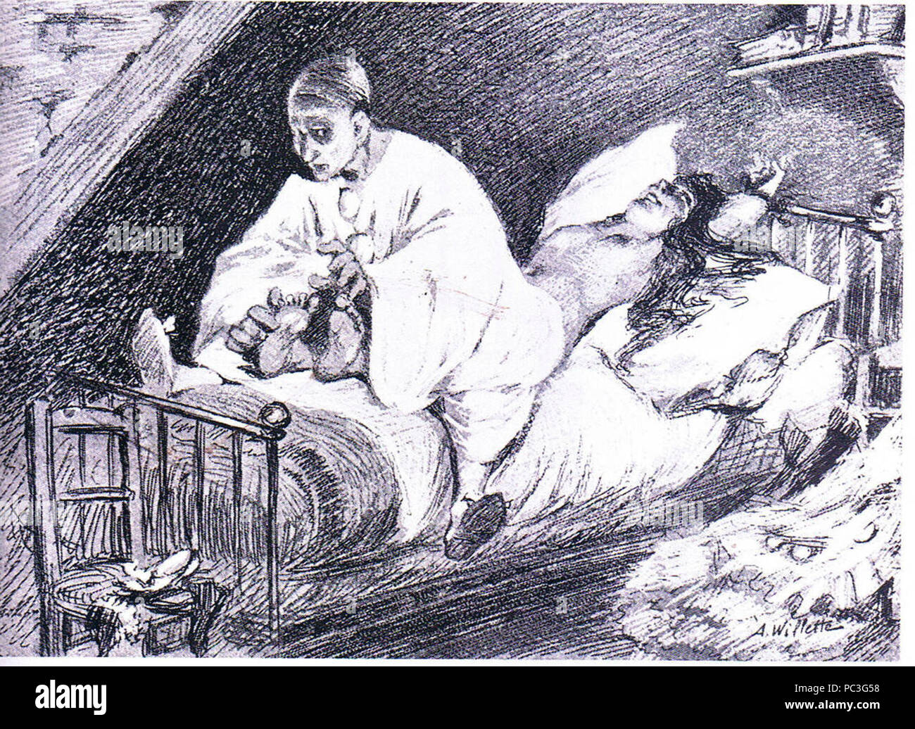 Adolphe Willette - Pierrot solletica aquilegia alpina a morte. Foto Stock