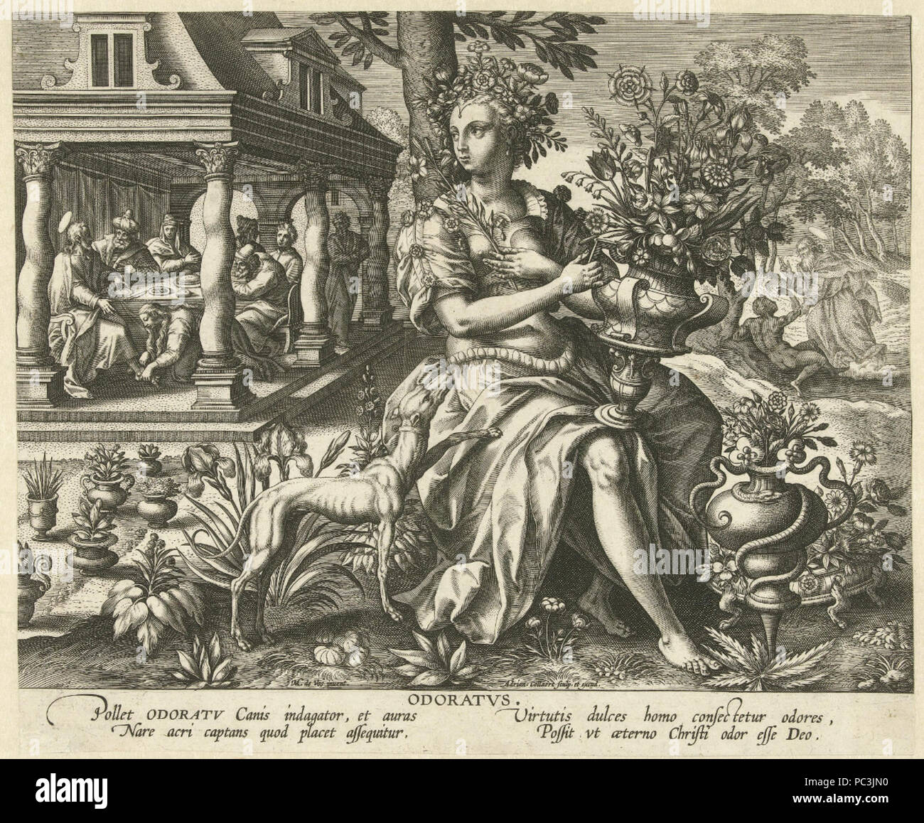 Adriaen Collaert, Maerten de Vos (dopo) - odore (Odoratus), dai cinque sensi. Foto Stock