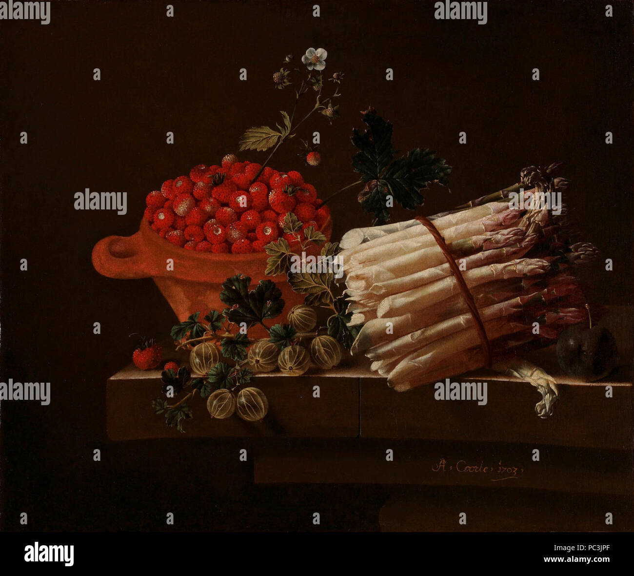 Adriaen Coorte - Stilleven met een kom aardbeien, kruisbessen en een bundel asperges op een tafel. Foto Stock