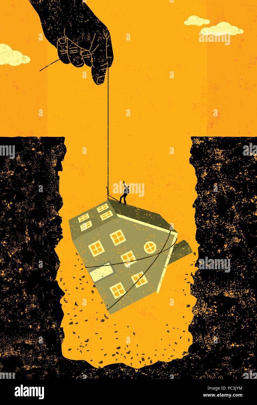 Home debito ipotecario bailout una grande mano offrendo assistenza finanziaria mediante il sollevamento di un uomo e la sua casa al di fuori del grande buco del debito creato da housi Illustrazione Vettoriale