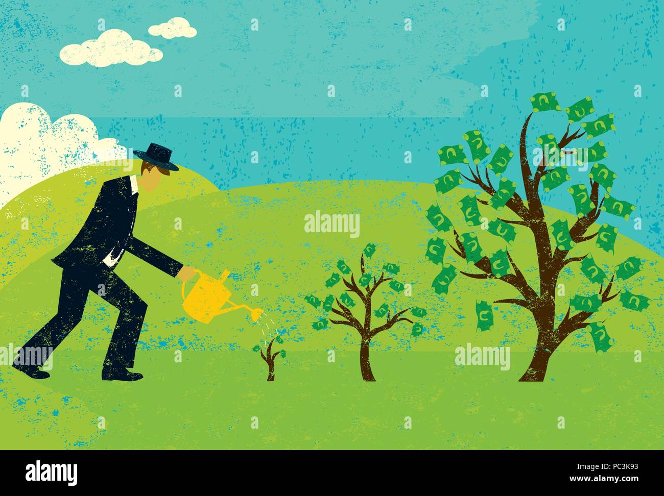 Crescono alberi di denaro un imprenditore di Irrigazione degli alberi di denaro su un paesaggio astratto dello sfondo. L'uomo e gli alberi sono su un livello separato dal backg Illustrazione Vettoriale