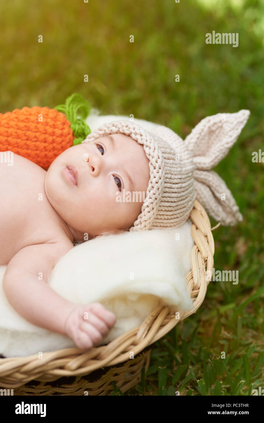 Baby girl nel cesto su erba sfocata sfondo naturale Foto Stock