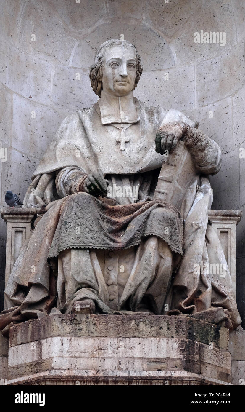 La statua di Massillon da Jacques Fauginet, Fontana dei sacri oratori, Place Saint Sulpice a Parigi, Francia Foto Stock