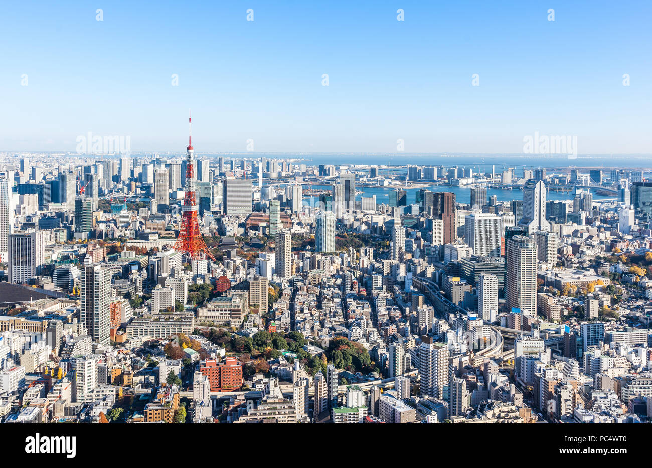 Asia Business concept per il settore immobiliare e aziendale - costruzione moderna panoramiche dello skyline della città bird eye vista aerea della torre di Tokyo e odaiba sotto Foto Stock