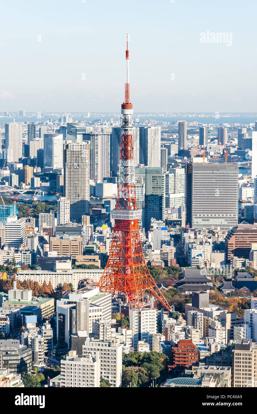 Asia Business concept per il settore immobiliare e aziendale - costruzione moderna panoramiche dello skyline della città bird eye vista aerea della torre di Tokyo e odaiba sotto Foto Stock