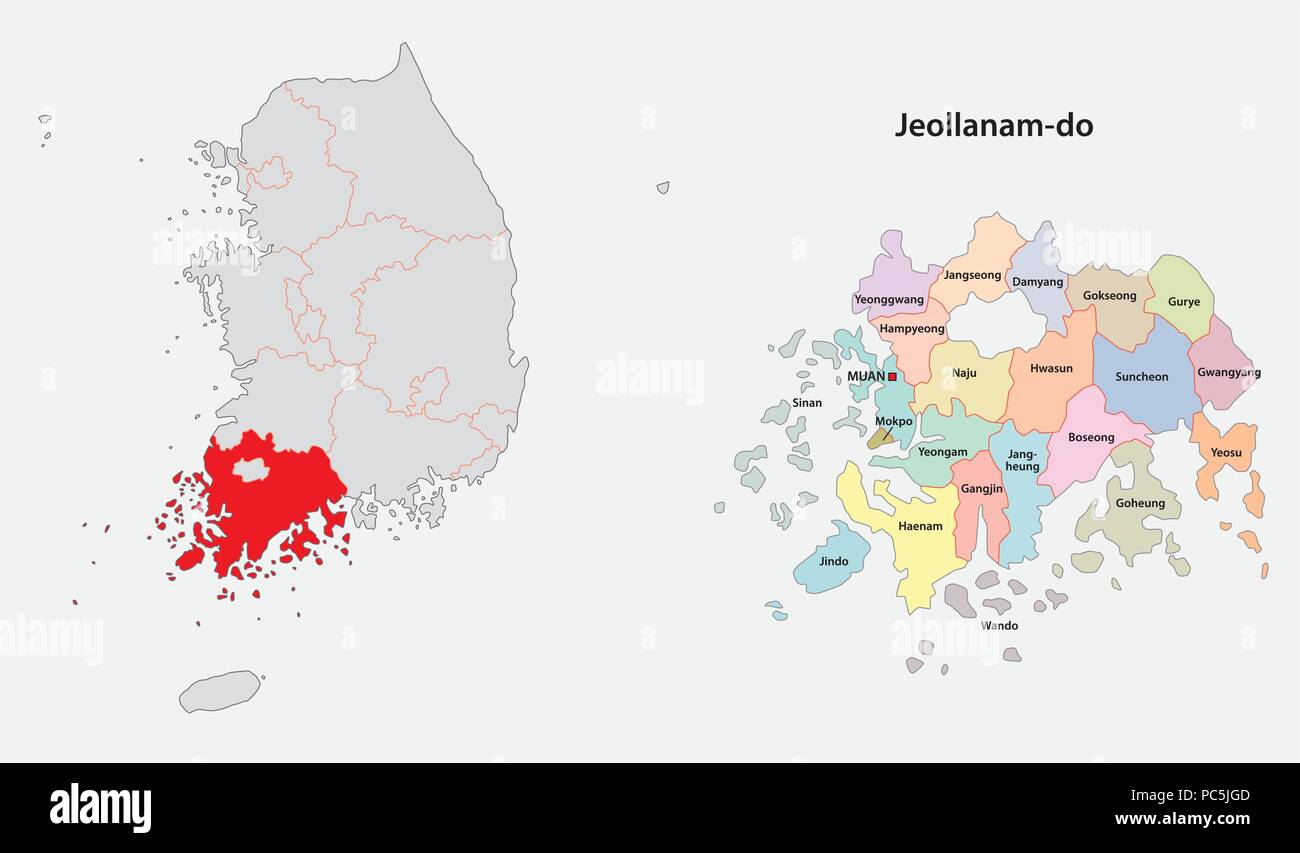 Corea del sud a nord jeolla meridionale mappa Illustrazione Vettoriale