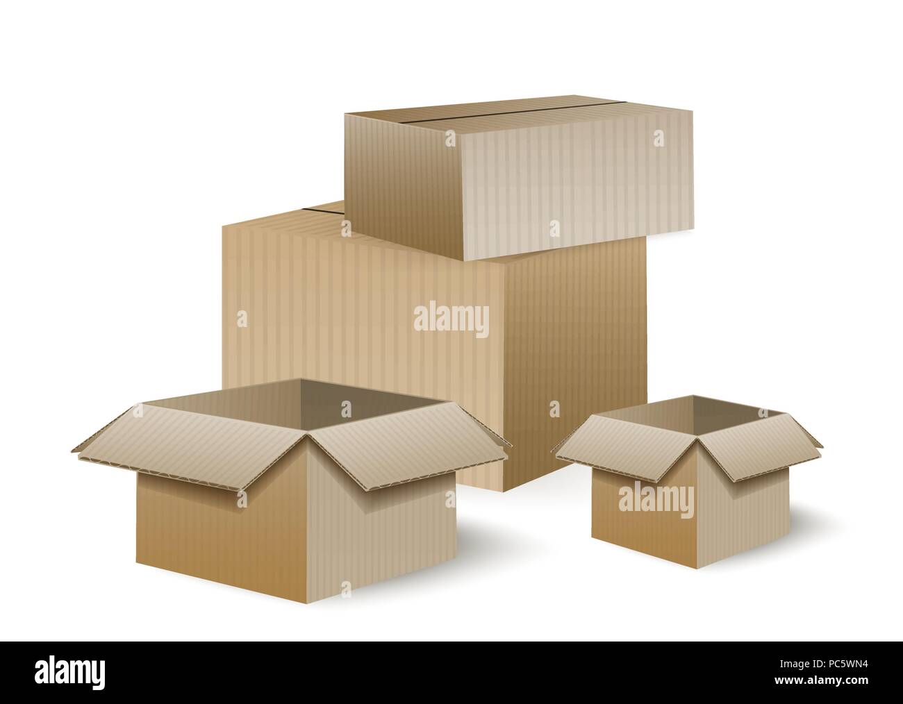 Disegno realistico di scatole di cartone. Imballaggio, scatola. Concetto di  logistica di magazzino del magazzino e del trasporto. Isolato, bianco.  Vettore Immagine e Vettoriale - Alamy