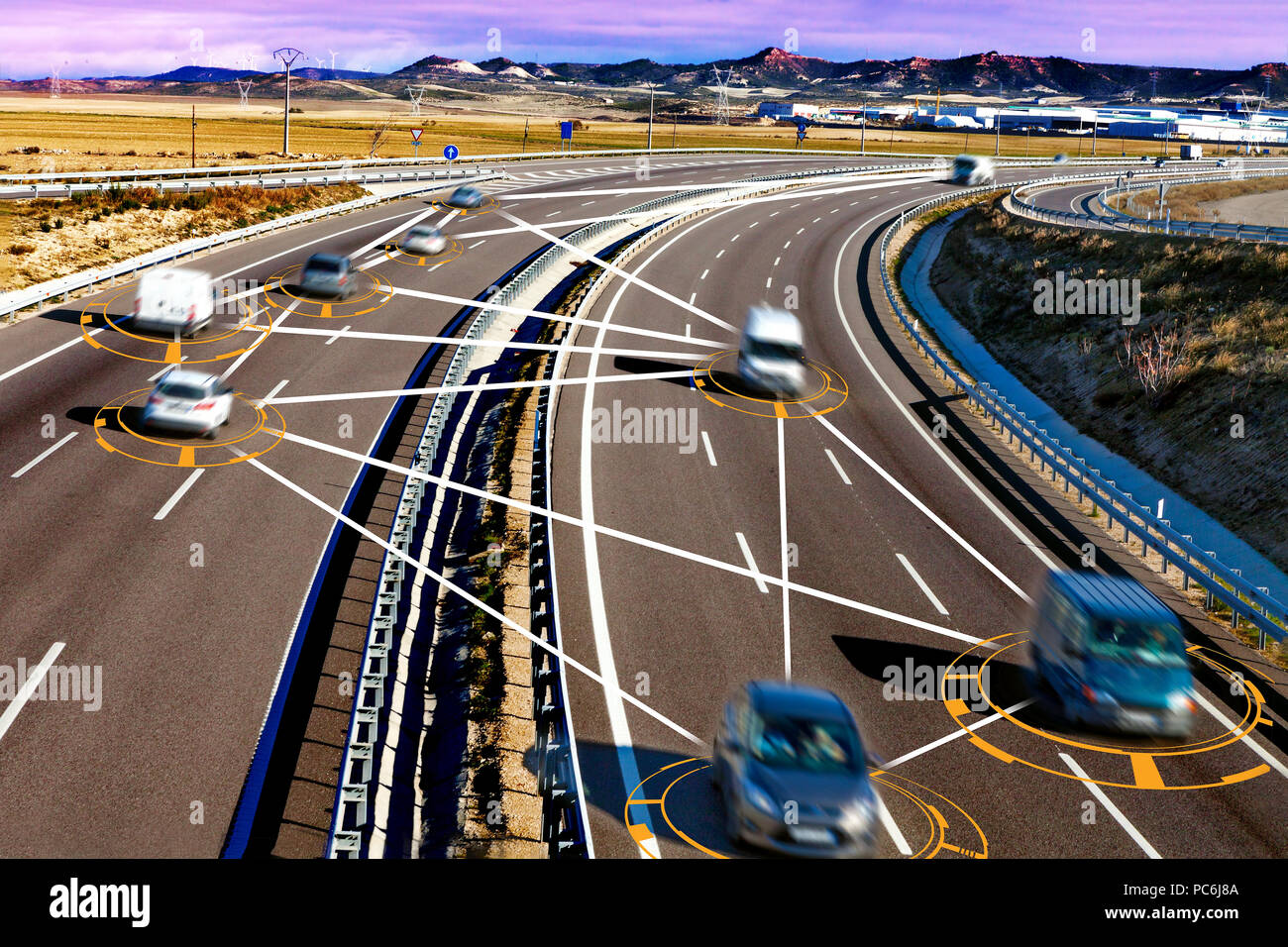 Autonomo e auto auto concetto guida. Trasporti intelligenti sfondo. Auto e tecnologia. Foto Stock