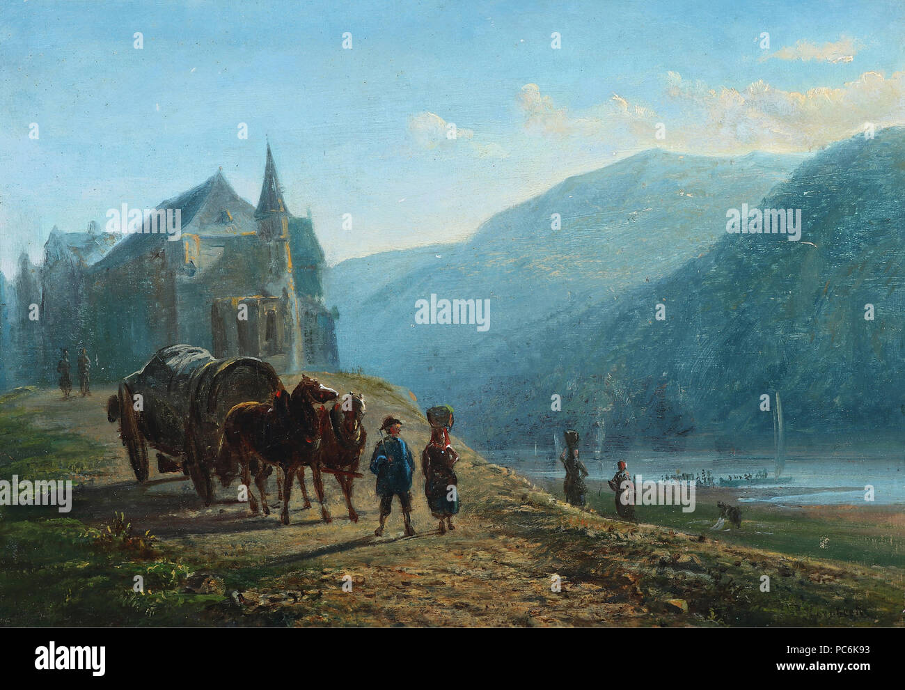 70 Pietro Kornbeck - Italiensk flodparti med hestevogn og folkeliv ved kirke Foto Stock