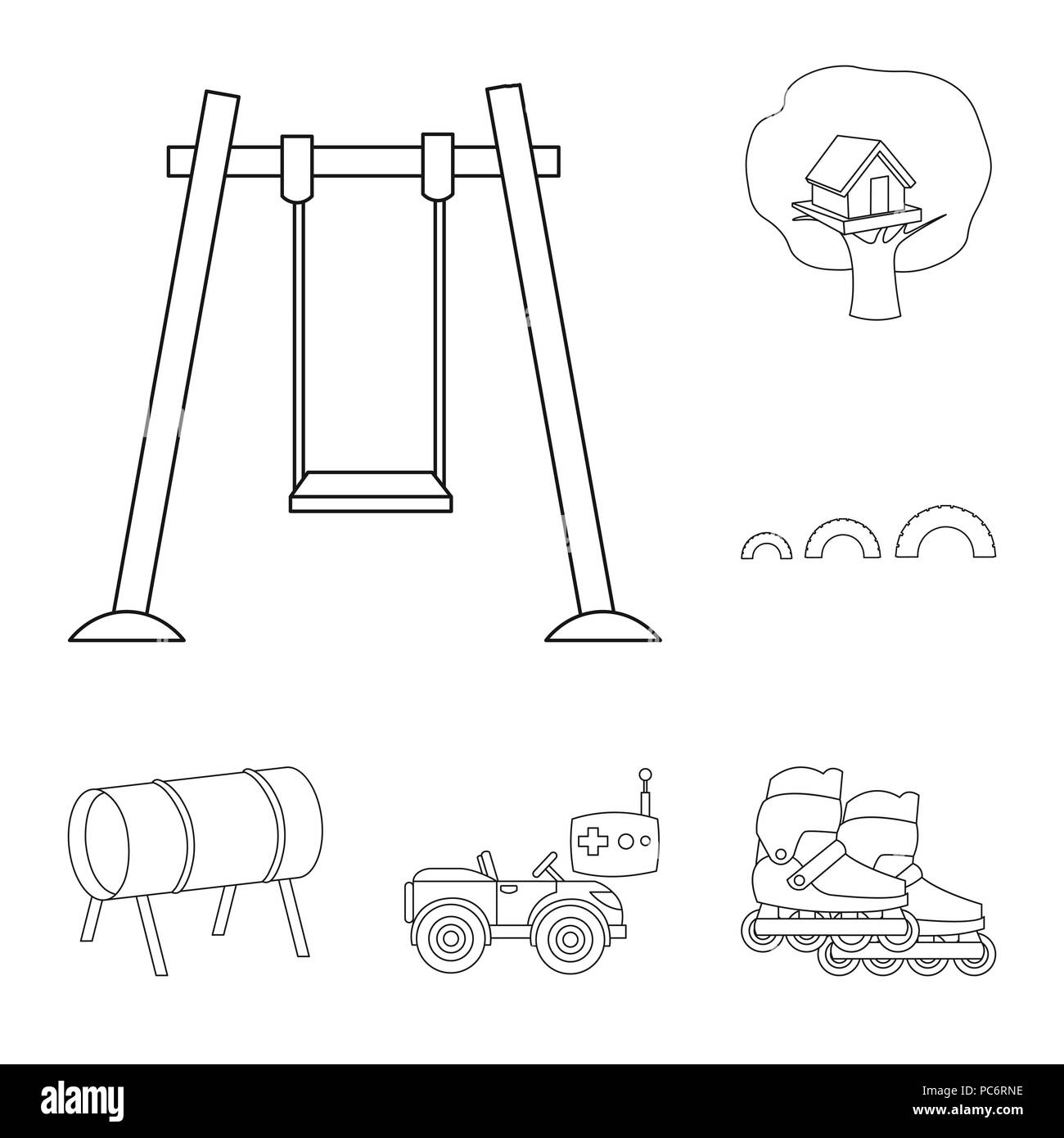 Parco giochi, intrattenimento delineare le icone nella raccolta di set per il design. Attrazione e attrezzature simbolo vettore illustrazione stock. Illustrazione Vettoriale
