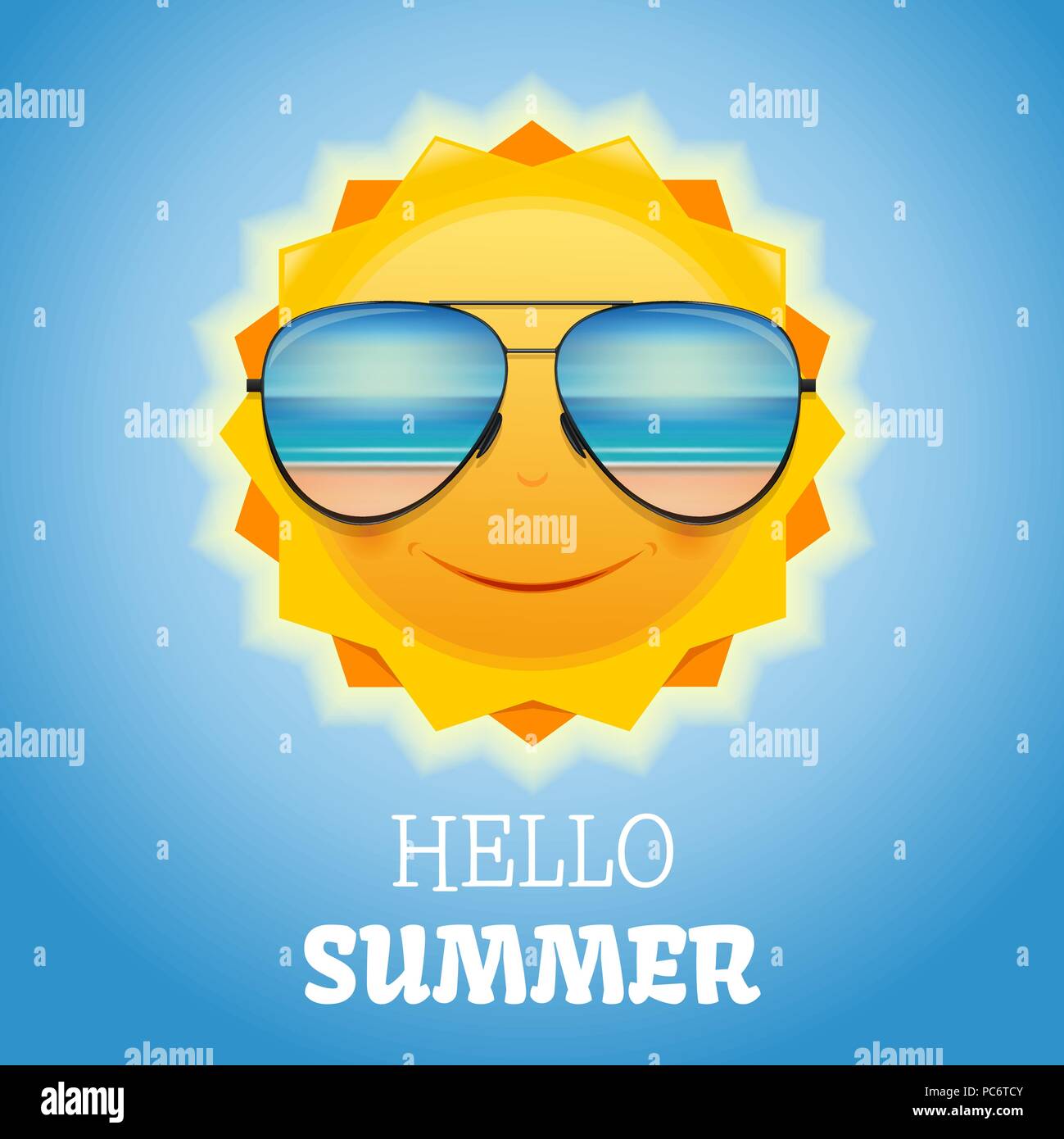 Carino sorridente sun in occhiali da sole. Design d'estate. Il mare e la  spiaggia sono riflesse in occhiali da sole. Ciao estate. Illustrazione  Vettoriale Immagine e Vettoriale - Alamy