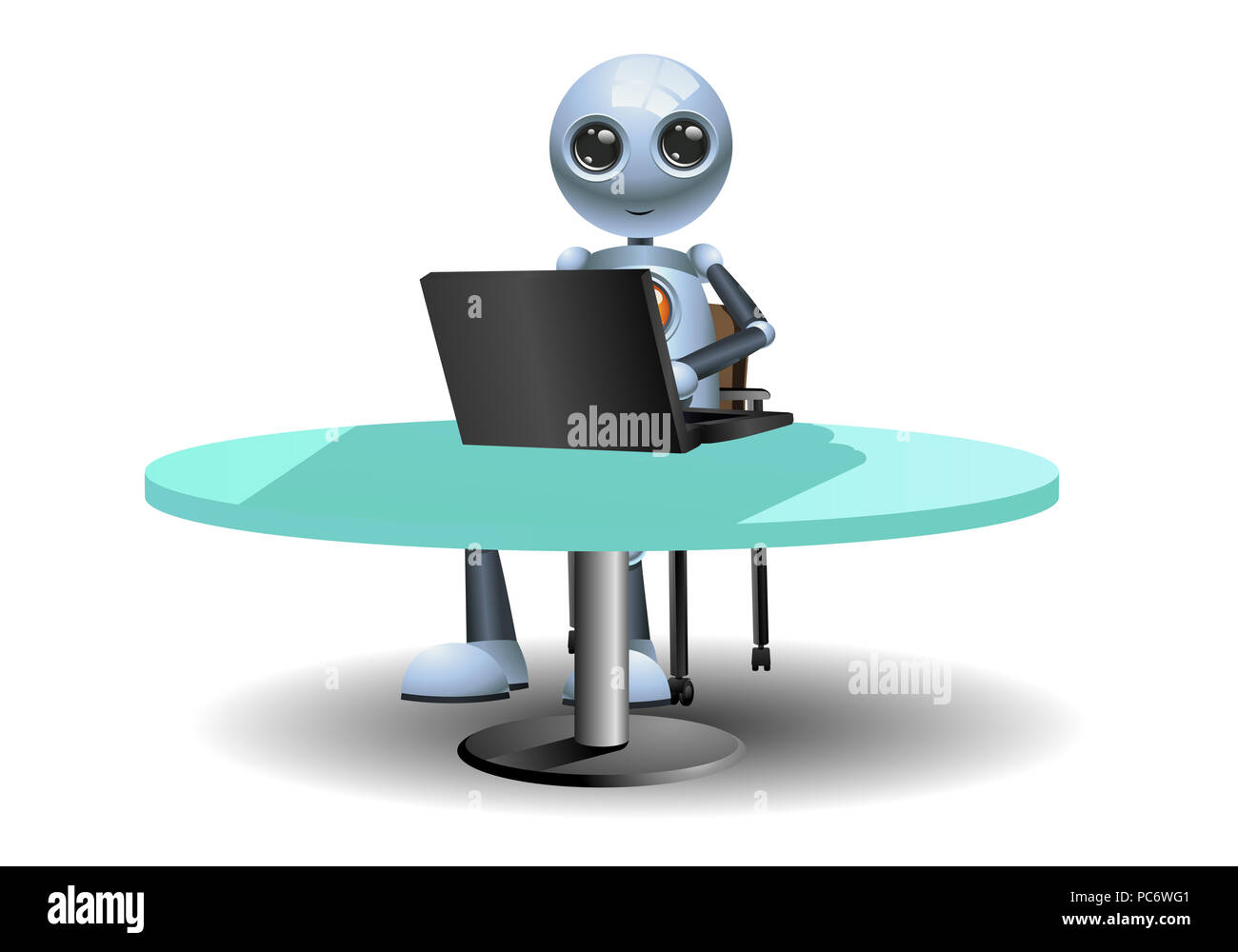 Illustrazione di un piccolo robot lavorare utilizzando un computer isolato su sfondo bianco Foto Stock