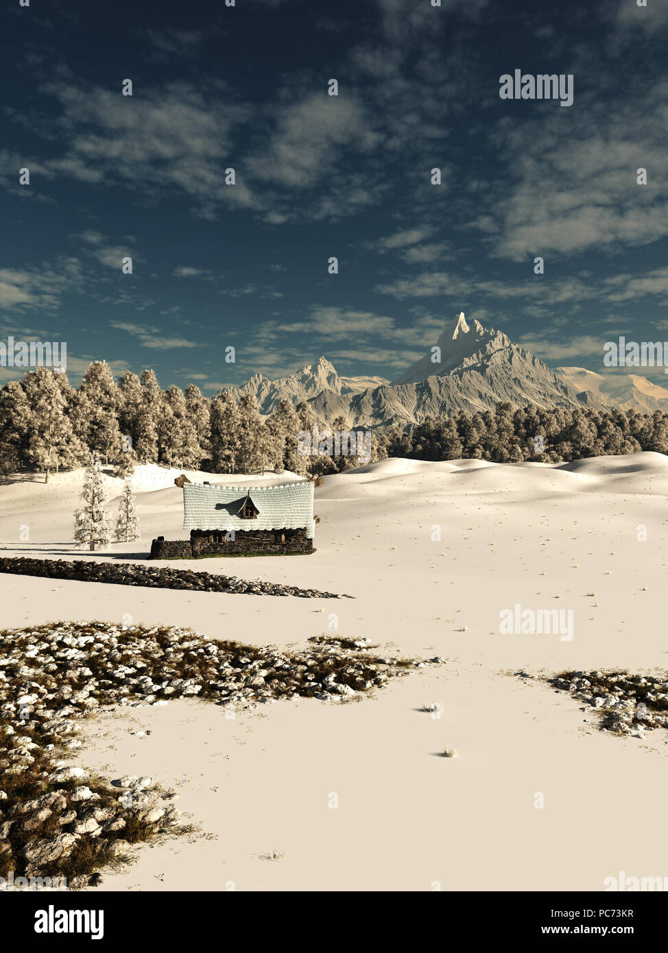 Vecchio cottage in pietra in un innevato paesaggio di montagna Foto Stock