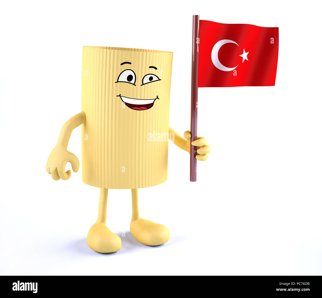 Maccheroni con le braccia, le gambe e la bandiera turca in mano, 3d illustrazione Foto Stock