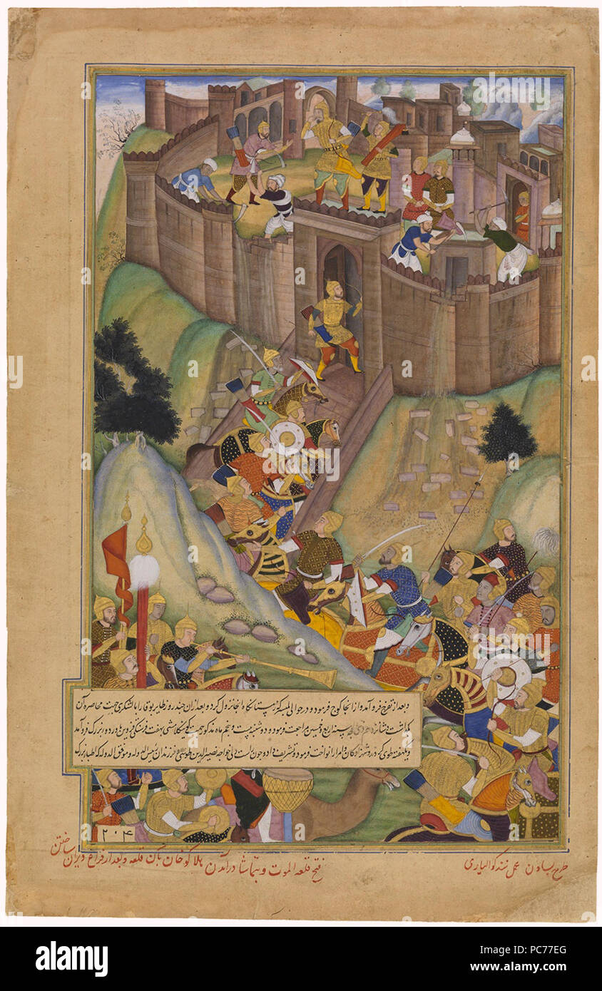 160 progettato da BASAWAN; colorato con NAND GWALIOR. Hulagu Khan distrugge la fortezza di Alamut. ca. 1596. Virginia MOA Foto Stock