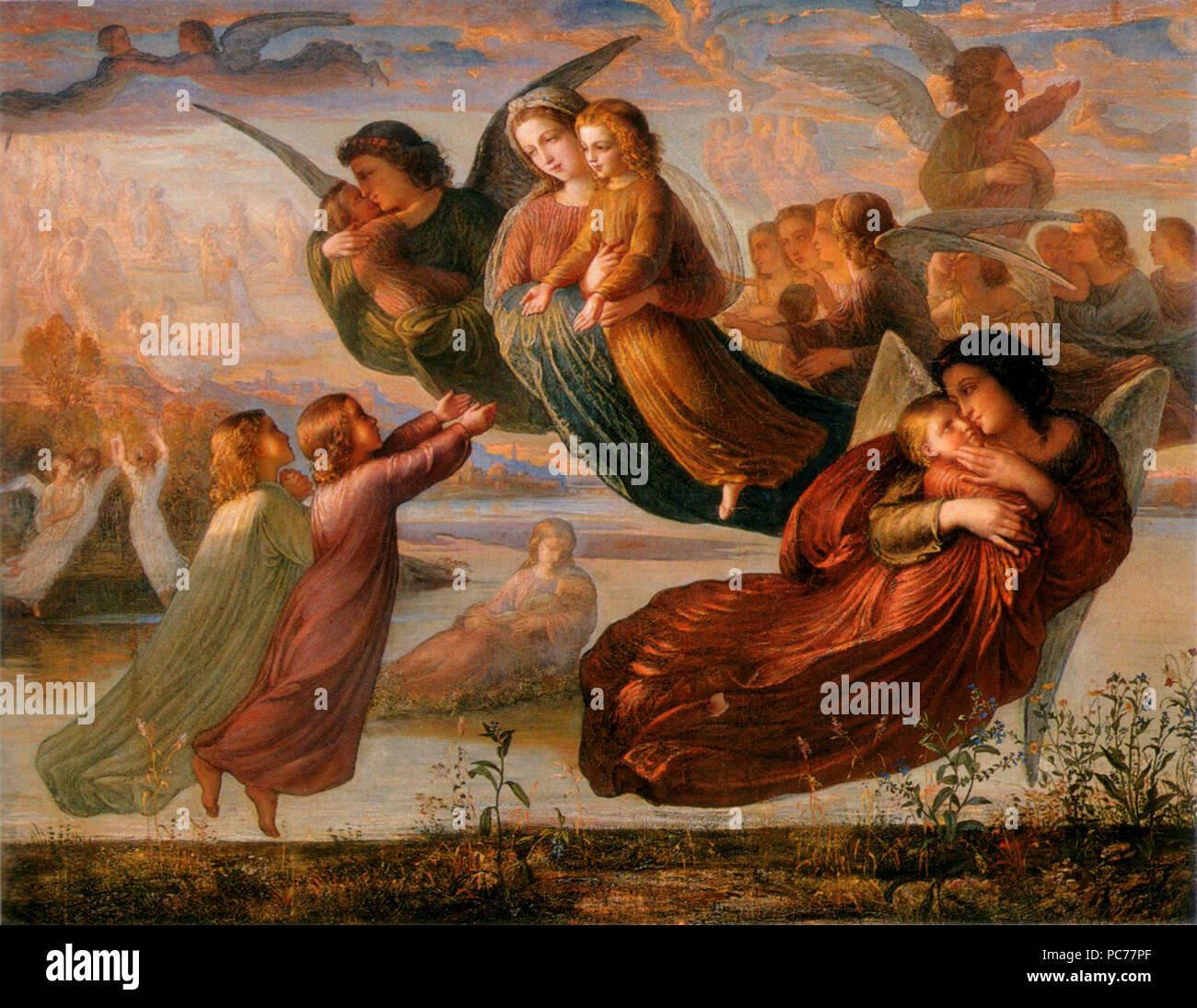 Louis Janmot Le Poème de l'âme Souvenir du ciel memoria del cielo olio su tela 113 x 143 Musée des Beaux-Arts, Lione inv. 1968-161 dans une vasta paine, au bord d'une fleuve, il rêve qu'il marche tout joyeux {...} Tout à coup il entend comme onu battement d'ailes, {...} des anges radieux aux yeux doux, au pur anteriore, Passent en se jouant dans le limpide azur {...} Que ne peut-il, comme eux emporté dans l'espace, {...} vers les cieux reprendre son essor ! 377 Louis Janmot - Poème de l'âme 5 - Souvenir du ciel Foto Stock
