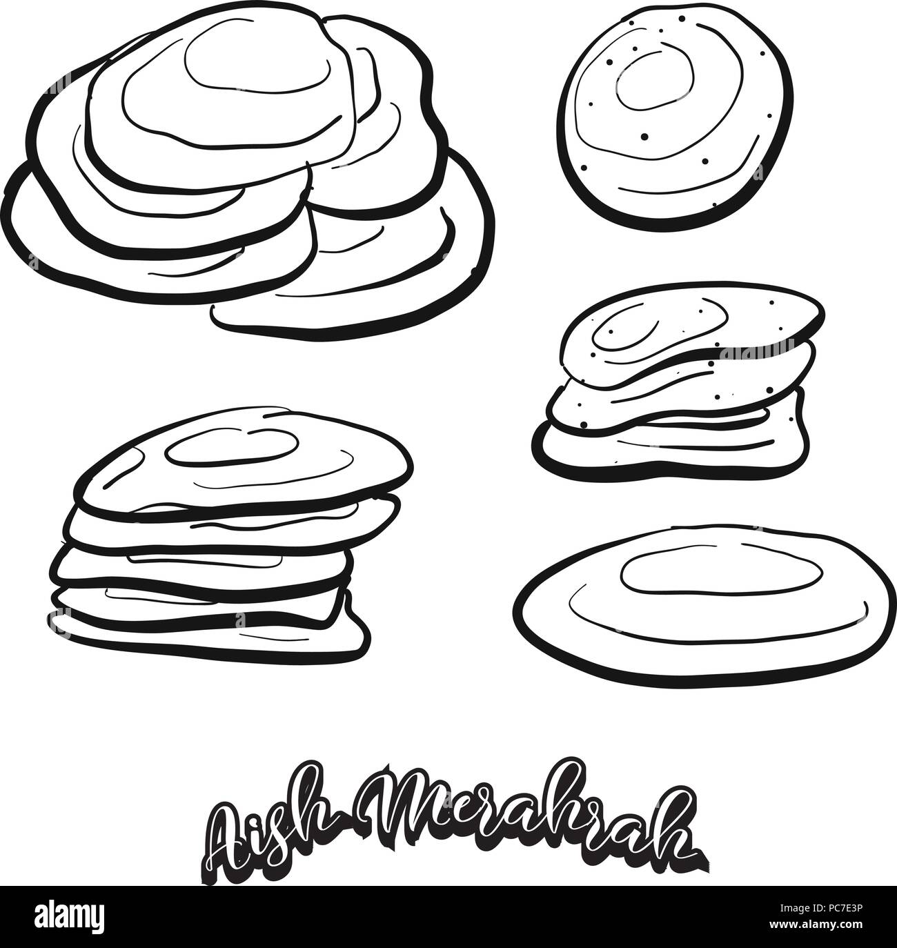 Mano bozzetto di Aish Merahrah cibo. Vettore di disegno di pasta alimentare, usualmente noto in Egitto. Illustrazione di pane serie. Illustrazione Vettoriale