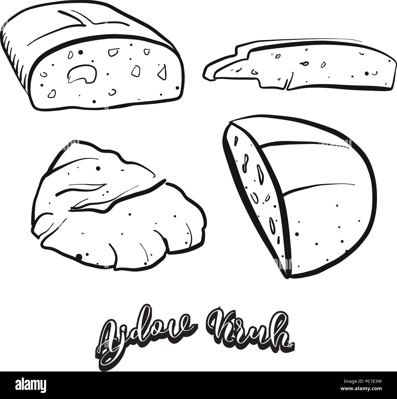 Mano bozzetto di Ajdov Kruh cibo. Il disegno vettoriale del pane di farina di grano saraceno cibo, usualmente noto in Slovenia. Illustrazione di pane serie. Illustrazione Vettoriale