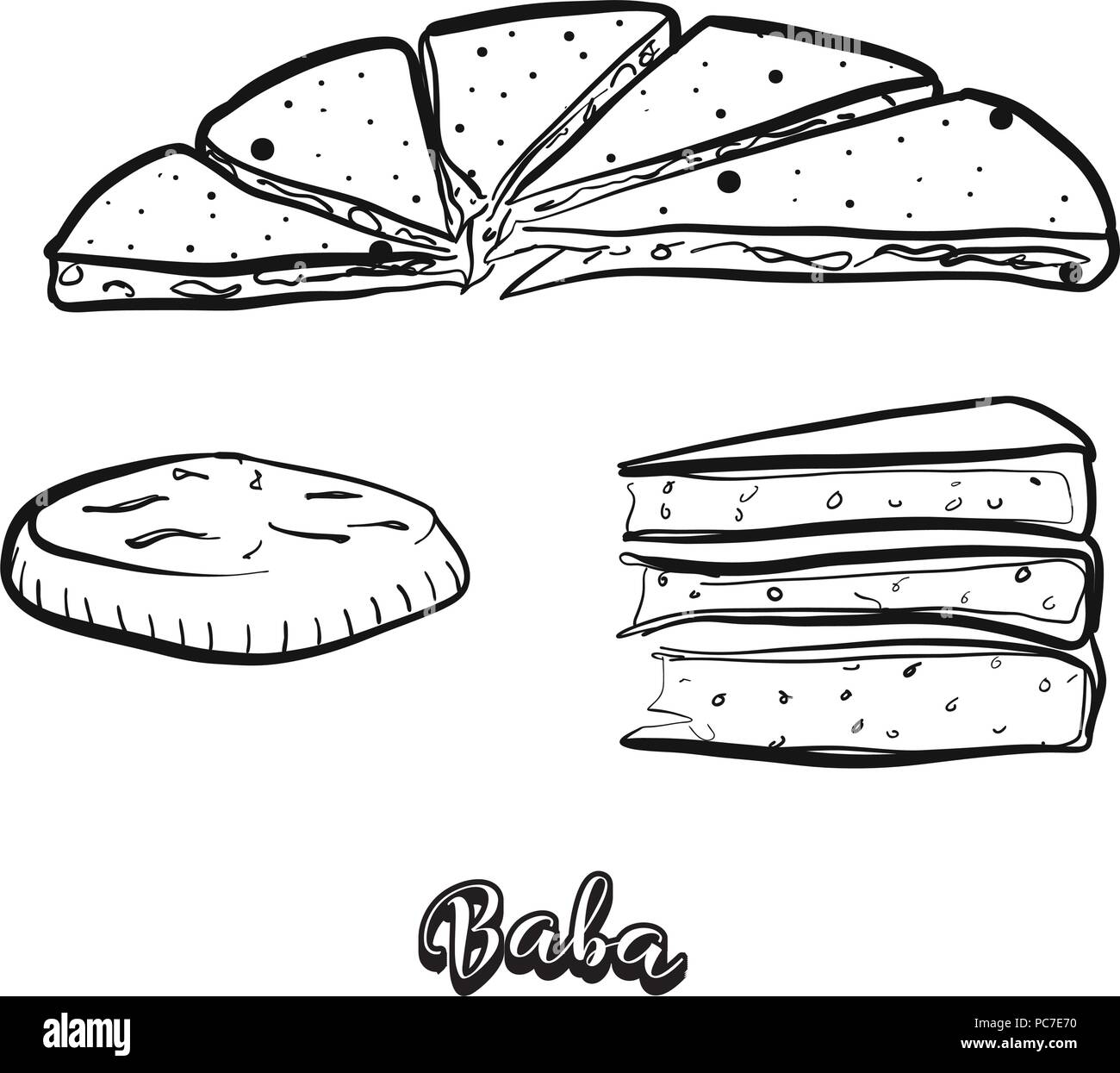 Mano bozzetto di Baba cibo. Vettore di disegno di vario spessore, pane rotondo cibo, usualmente noto in Cina Yunnan, naxi, persone. Illustrazione di pane Illustrazione Vettoriale