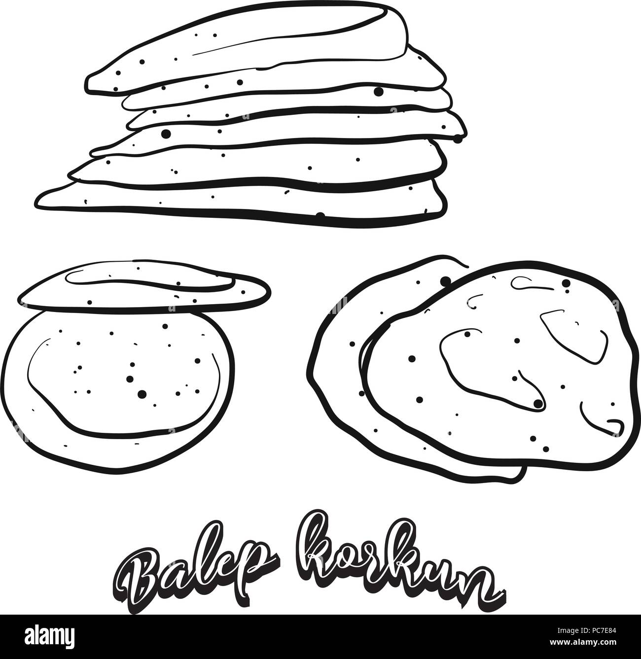 Mano bozzetto di Balep korkun cibo. Vettore di disegno di pasta alimentare, usualmente noto in Tibet. Illustrazione di pane serie. Illustrazione Vettoriale