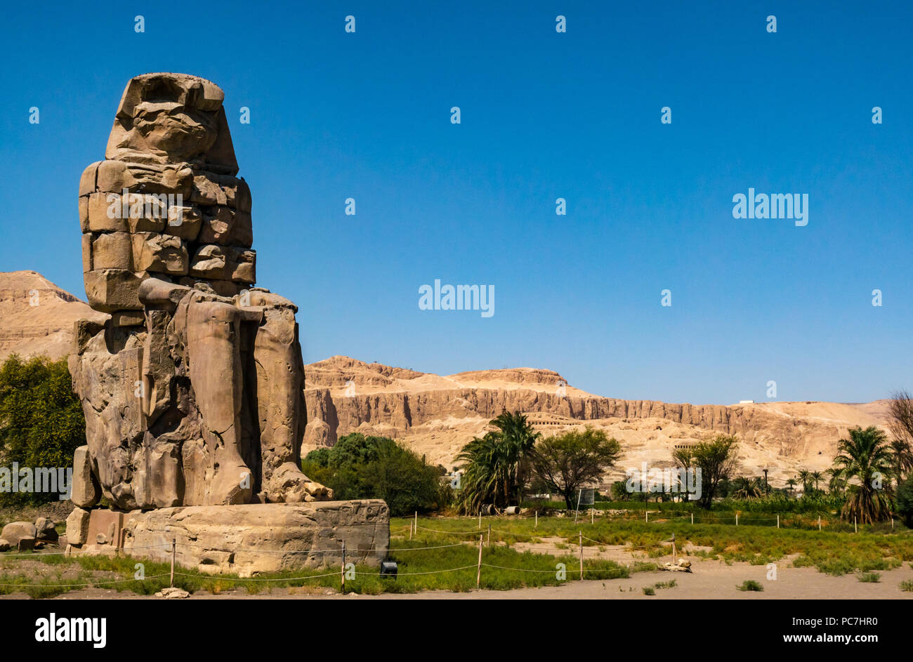 Colosso di Memnon con tempio mortuario di Hatshepsut in disatnce, West Bank, Luxor, Egitto, Africa Foto Stock
