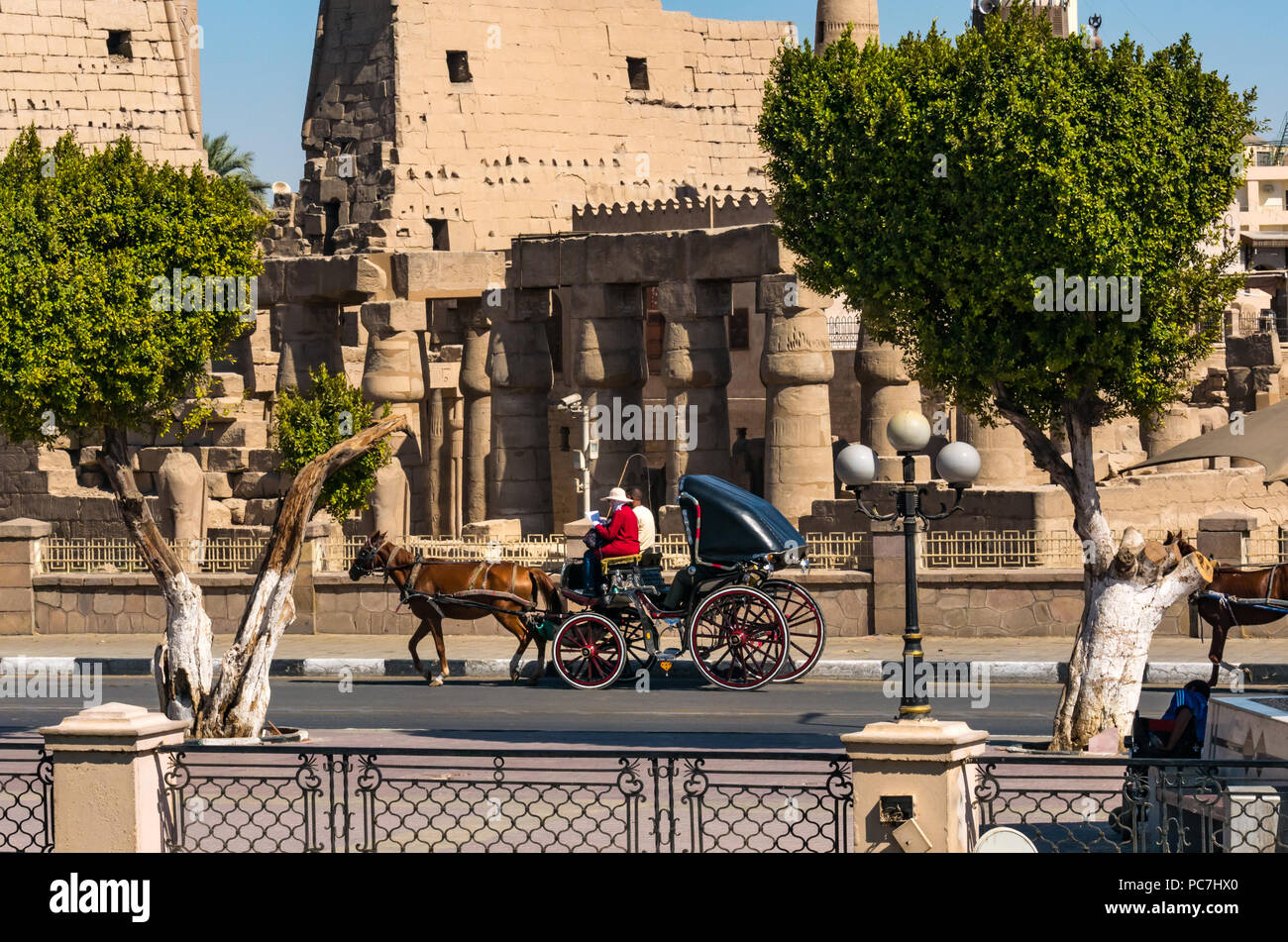 Carrozza di trasporto turistico passando davanti al tempio di Luxor Luxor Egitto, Africa Foto Stock