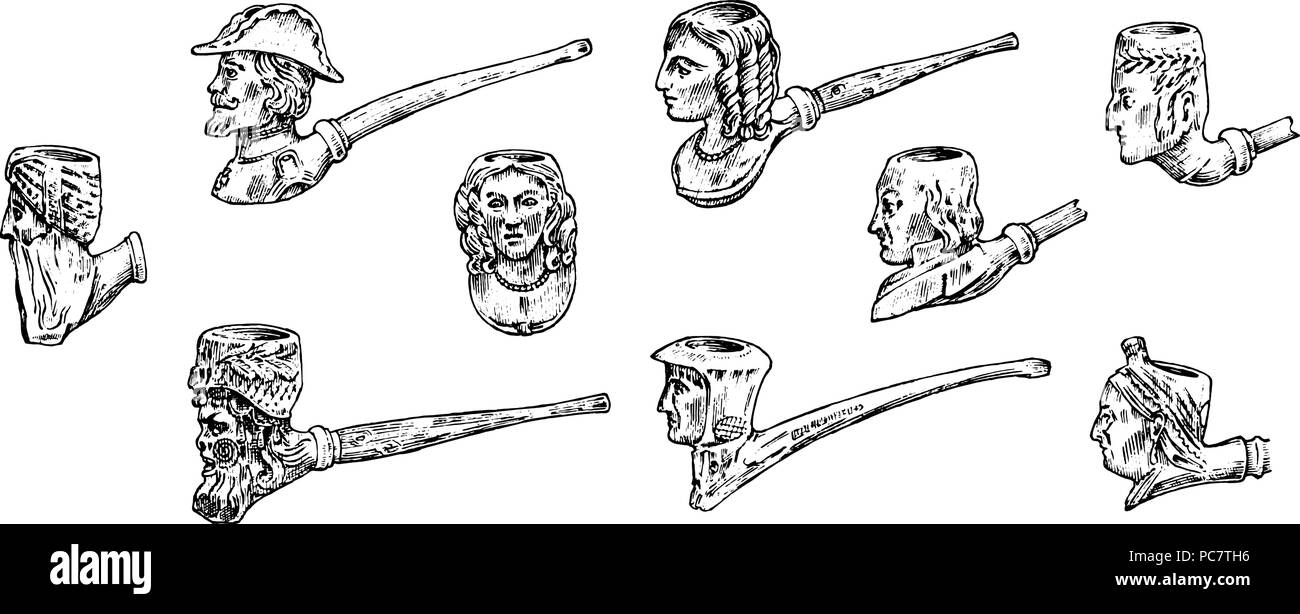 Vintage tubo di fumo. Antiquariato tabacco preistorico per un elegante gentiluomo. Le teste e le facce di diverse persone. Incisi disegnati a mano nel vecchio disegno e stile in bianco e nero. Illustrazione Vettoriale