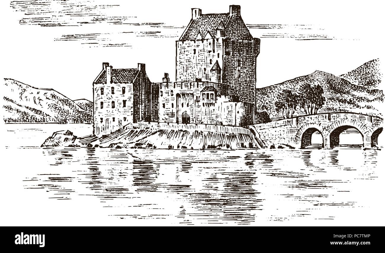 Il castello di vintage in Scozia. Grafico monocromatico paesaggio. Incisi disegnati a mano il vecchio sketch. Fortezza o torre. Cittadella di pietra. Ponte sul fiume in background dell'edificio. Illustrazione Vettoriale