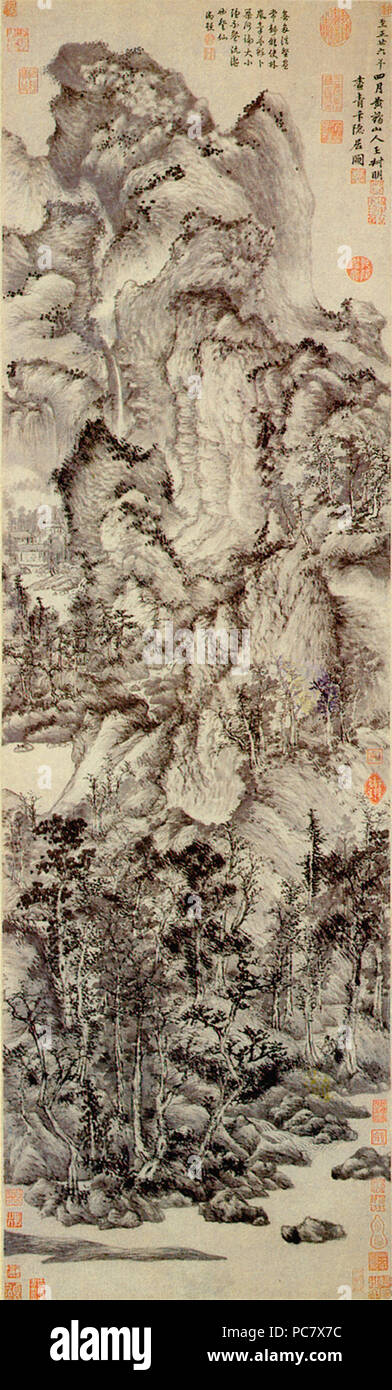 Wang Meng, appartata dimora nell'Qingbian montagne, in Fu Xinian, ed., Zhongguo meishu quanji, huihua pian 5: Yuandai huihua (Pechino: Wenwu chubanshe, 1989), pl. 125, p. 179. La raccolta del Museo di Shanghai. Appendere scorrere, inchiostro su carta, 140,6 x 42,2 cm 641 Wang Meng, 1298 1385, La retraite à Qingbian, 1366. Rouleau verticale, encre sur papier, 141x42,4cm. Musée de Shanghai Foto Stock