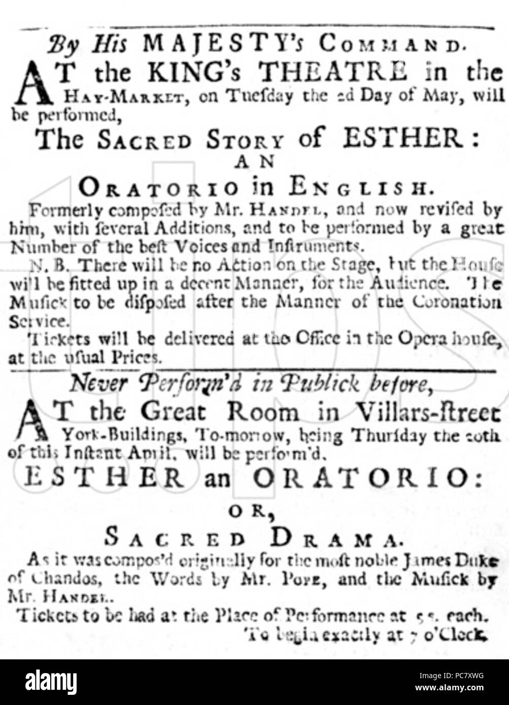Un annuncio di due esecuzioni di Esther da Handel nel 1732 presso il King's theatre, Haymarket il 2 maggio 1732, e York Buildings, Villars Street il 20 aprile 1732. Data: 1732 196 Esther locandina Foto Stock