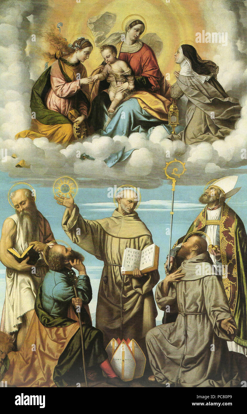 386 Madonna col Bambino in gloria con le Sante Caterina e chiara, in basso i santi Girolamo, Giuseppe, San Bernardino da Siena, Francesco e Nicola di Bari Foto Stock