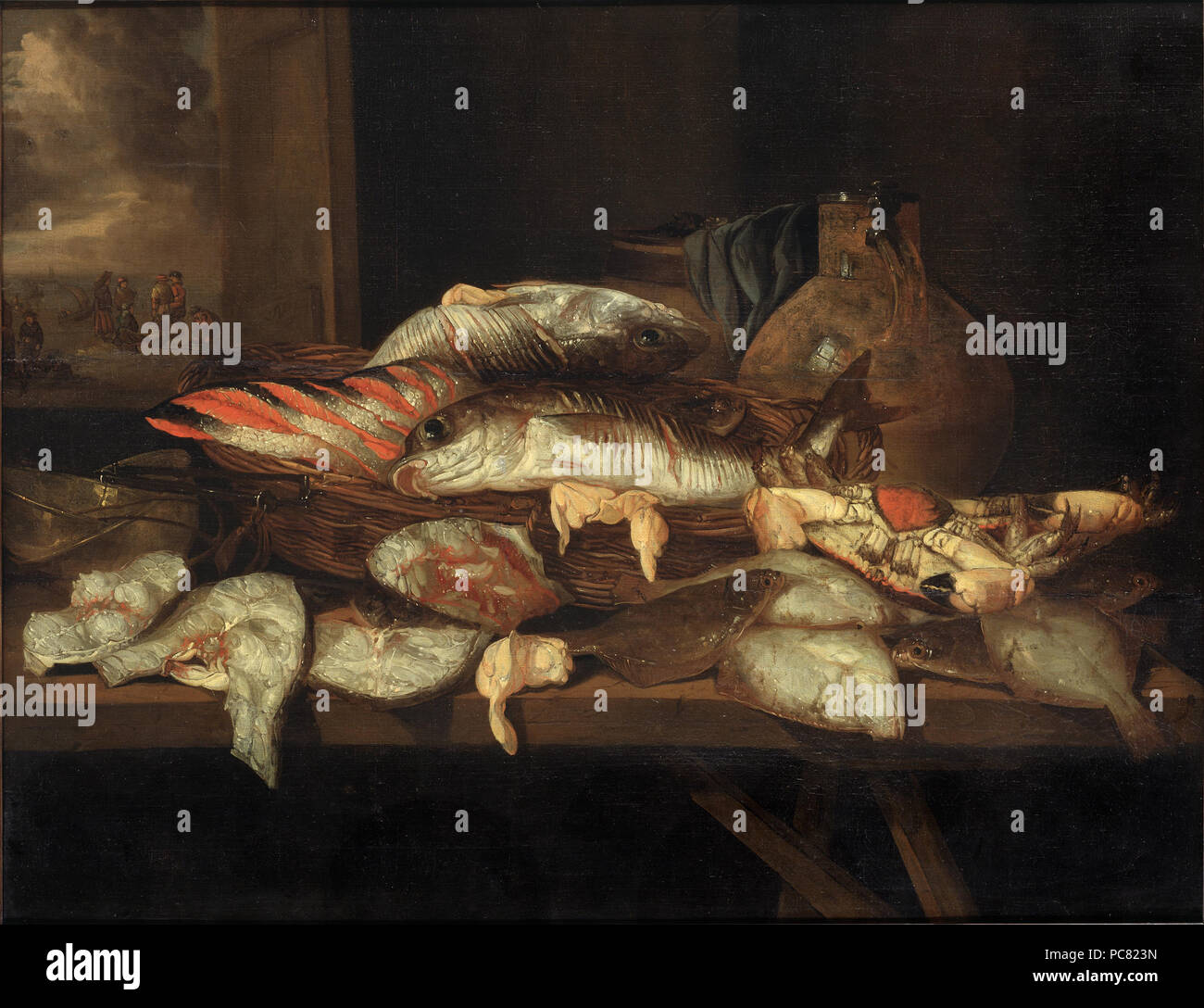 84 ancora in vita con ippoglosso e altri pesci (Abraham Hendricksz van Beyeren) - Nationalmuseum - 18451 Foto Stock