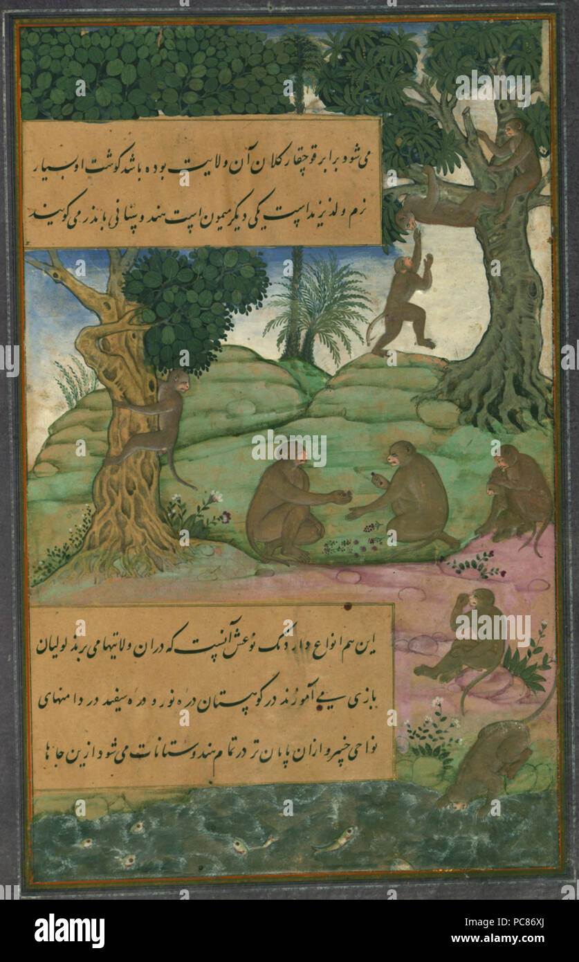. Inglese: Illustrazioni dal manoscritto di Baburnama (memorie di Babur) - fine del XVI secolo B?masterizzare?ma è il libro di memorie di ?ah?r ud-D?n Mu?ammad B?bur (1483-1530), fondatore dell'Impero Mughal e una grande-grande-pronipote di Timur. Si tratta di un lavoro autobiografico, originariamente scritto in lingua Chagatai, noto Babur come 'Turki' (significato turche), la lingua parlata del Andijan-Timurids. A causa di Babur di origine culturale, la sua prosa è altamente Persianized nella sua struttura di frase, morfologia e il vocabolario,e contiene anche molte frasi e piccole poesie in persiano. Durante Empero Foto Stock