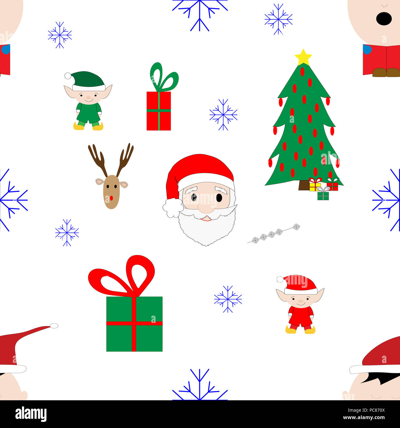 Illustrato seamless pattern di Natale su bianco con le icone di Santa Claus, renne, Elf, presenta, albero, caroler e fiocchi di neve. Foto Stock