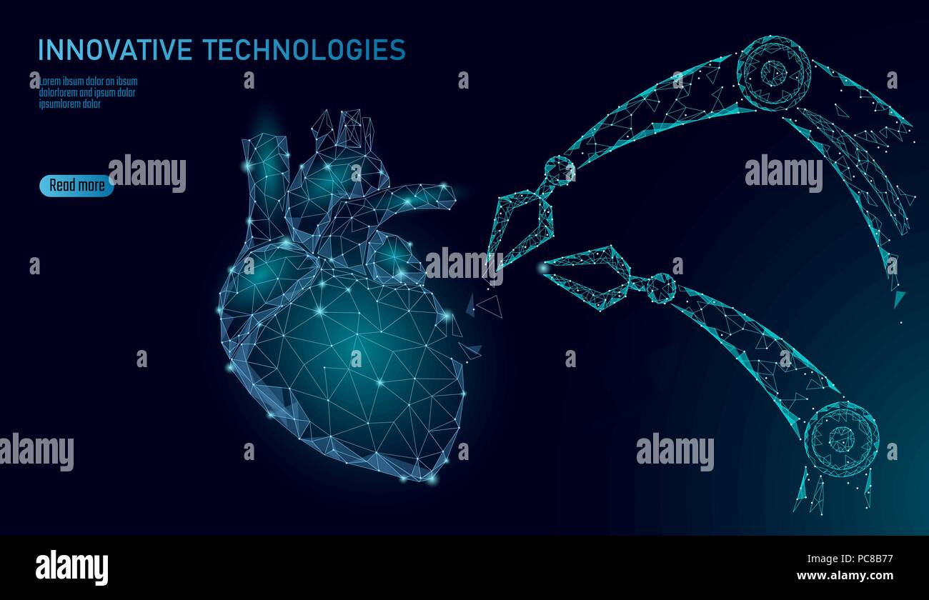 Un intervento di cardiochirurgia robotizzata bassa poli. Cardiologia poligonale procedura chirurgica. Il braccio di robot manipolatore. Moderna medicina innovativa scienza tecnologia di automazione. Triangolo 3D render forma illustrazione vettoriale Illustrazione Vettoriale