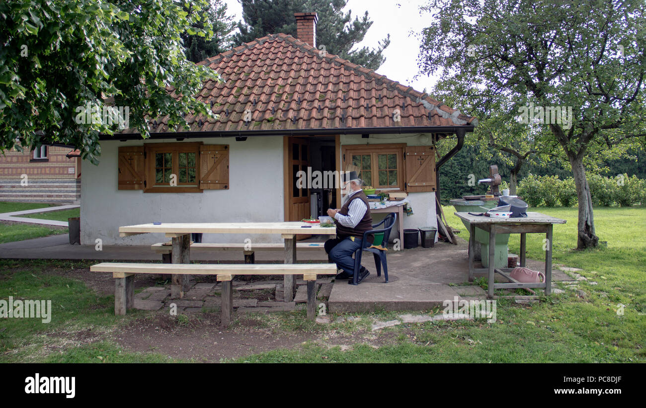 TARA National Park, Serbia 2018 - invecchiato un sacerdote ortodosso a preparare verdura da homegrown giardino davanti la sua casa collocata nel cortile della chiesa Foto Stock